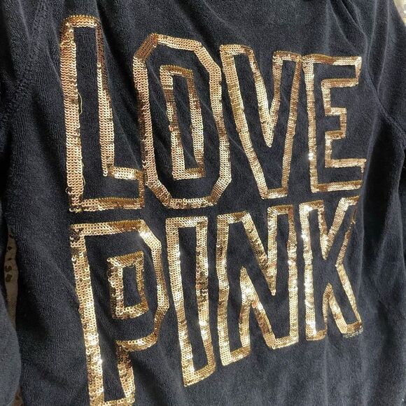 Vintage Y2K PINK Love Pink black zip up gold sequin bling hoodie sweater XS - Picture 5 of 6